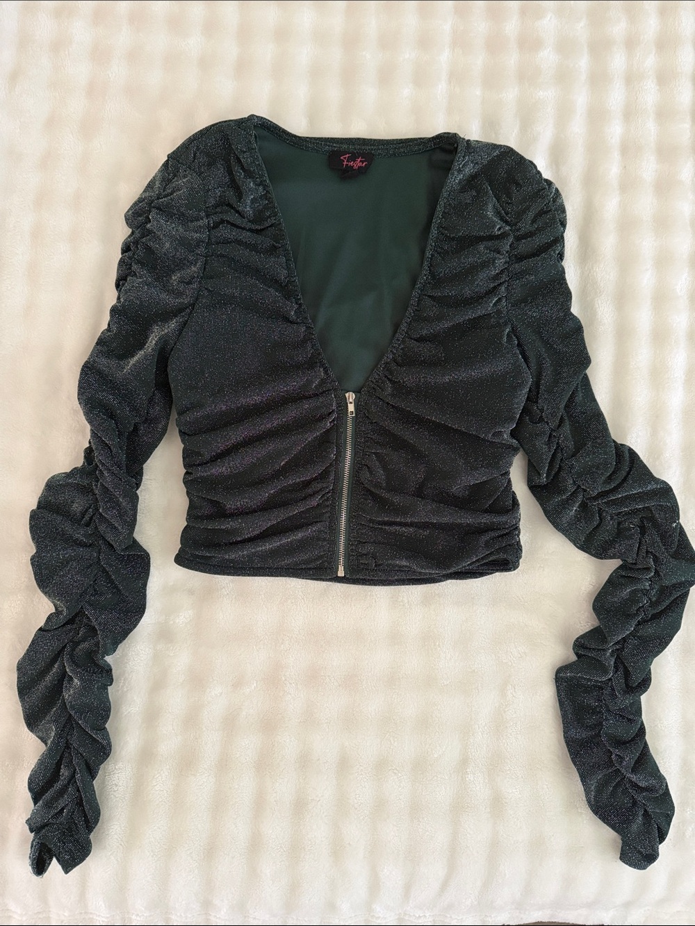 Sparkle Ruched Zip-Front Black Crop Top